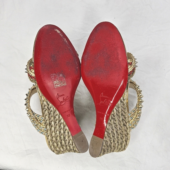 CHRISTIAN LOUBOUTIN Braided Gold-Studded Leather Wedge Sandals - Picture 11 of 13